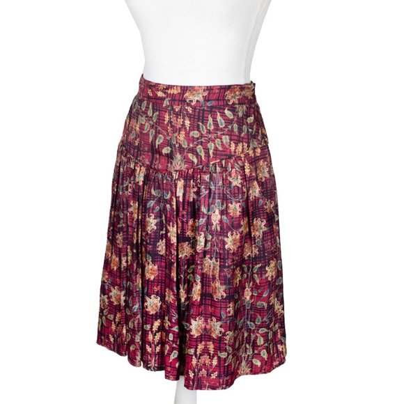 PERUVIAN CONNECTION Fall Leave Pattern Silk Blend Pleated Skirt - Picture 2 of 12